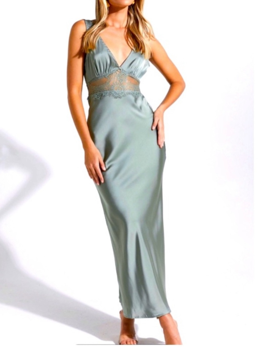 NWT Morrisday The Label Dusty Green Satin Lace Maxi Dress V Neck Women's Small